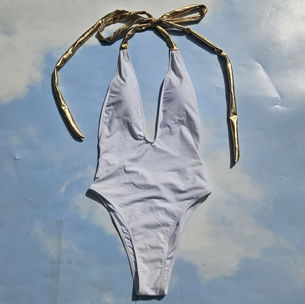 Sexy One Piece Cutout White & Gold Plunge Swimsuit Brazilian Style Swim
